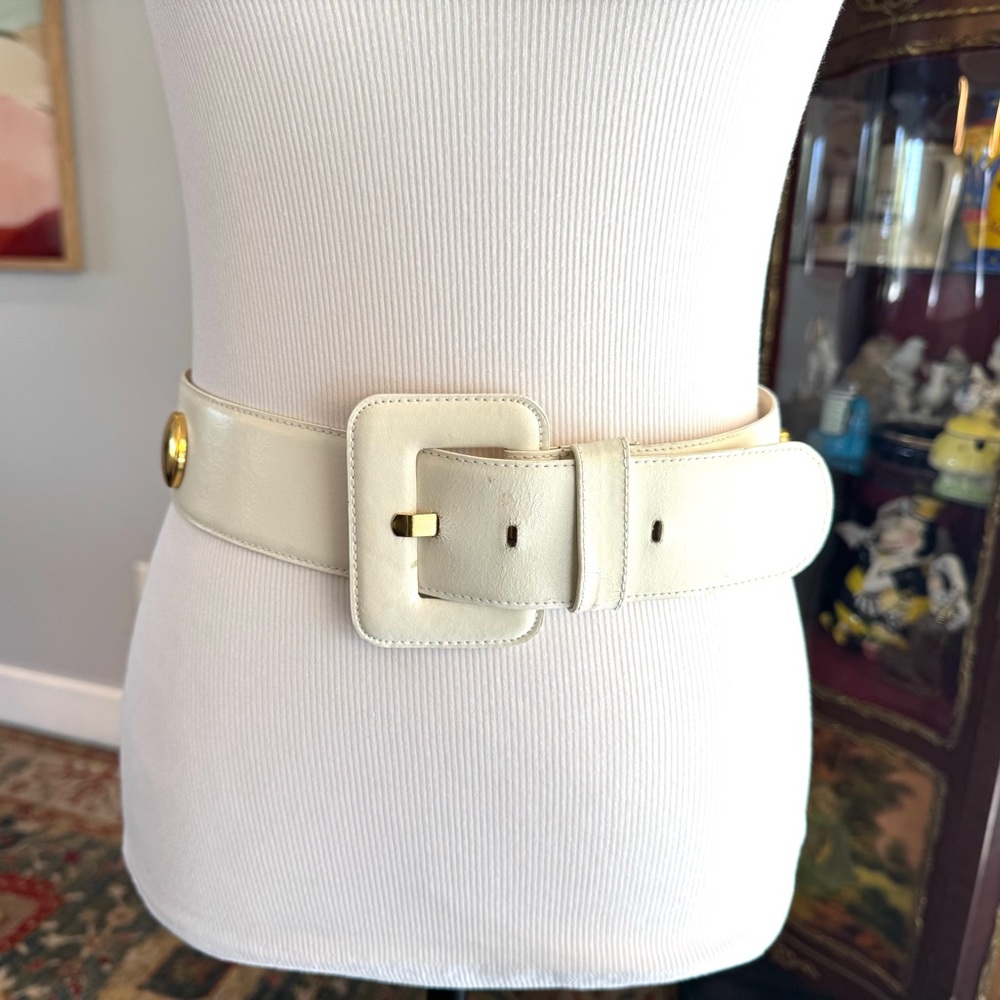 Amanda Smith Off White Leather Belt with Gold Accents